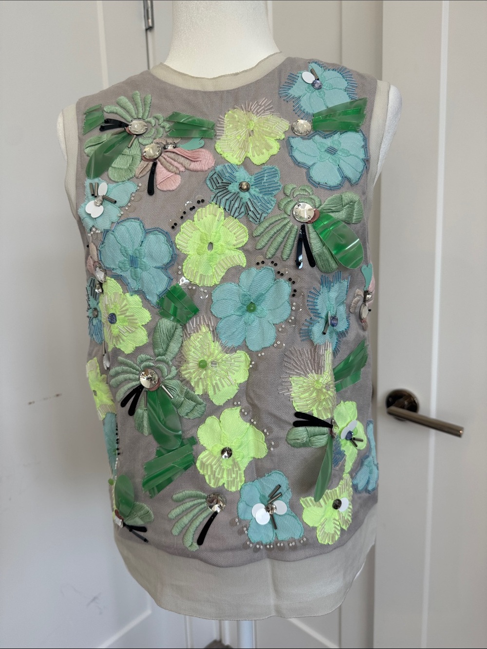 Diane Von Furstenberg Yvan Sleeveless Tank with Lime & Aqua Floral Appliqués